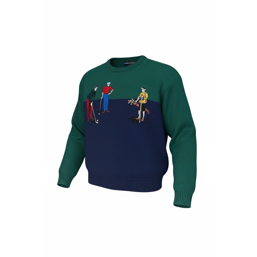 Architect Vintage Golf Sweater Mens Medium Green Navy Blue Wool Blend Crewneck